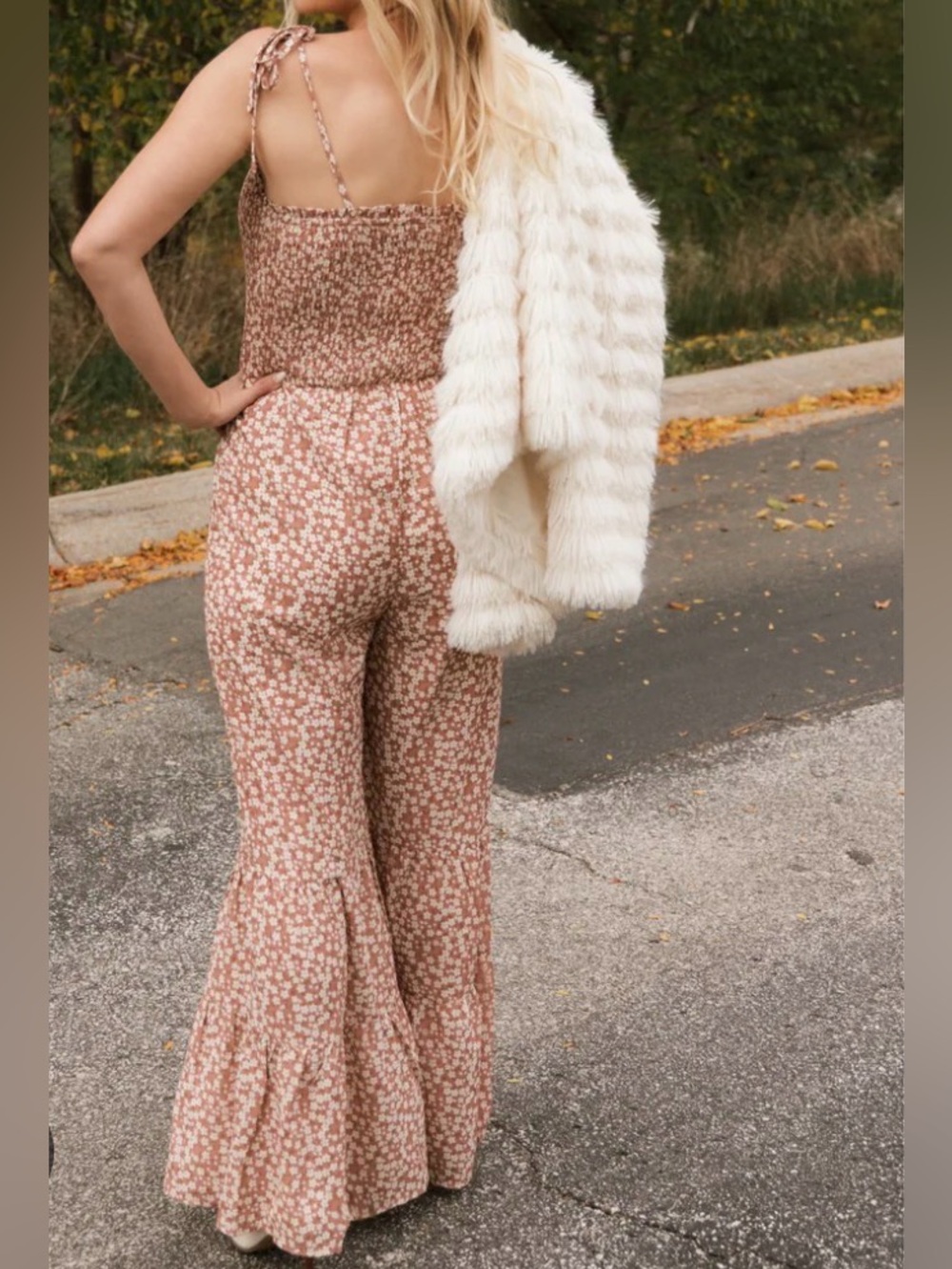 Smocked Bodice Floral Jumpsuit in Khaki/ Orange- Ruffle Wide Leg Adj Thin Straps - Picture 12 of 12
